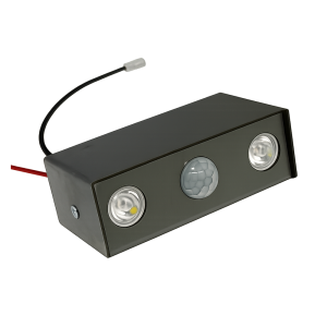 Black rectangular outdoor security light with three bays: two LEDs on the ends and a central motion sensor, wired with red and black cables